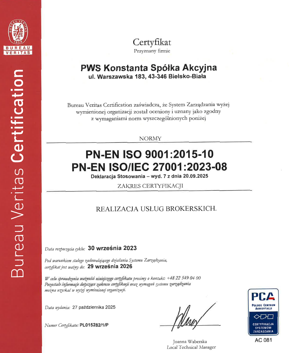 Certyfikat ISO 9001 – PWS Konstanta