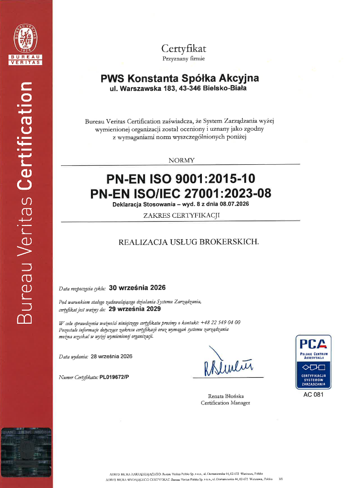 Certyfikat ISO 9001 – PWS Konstanta